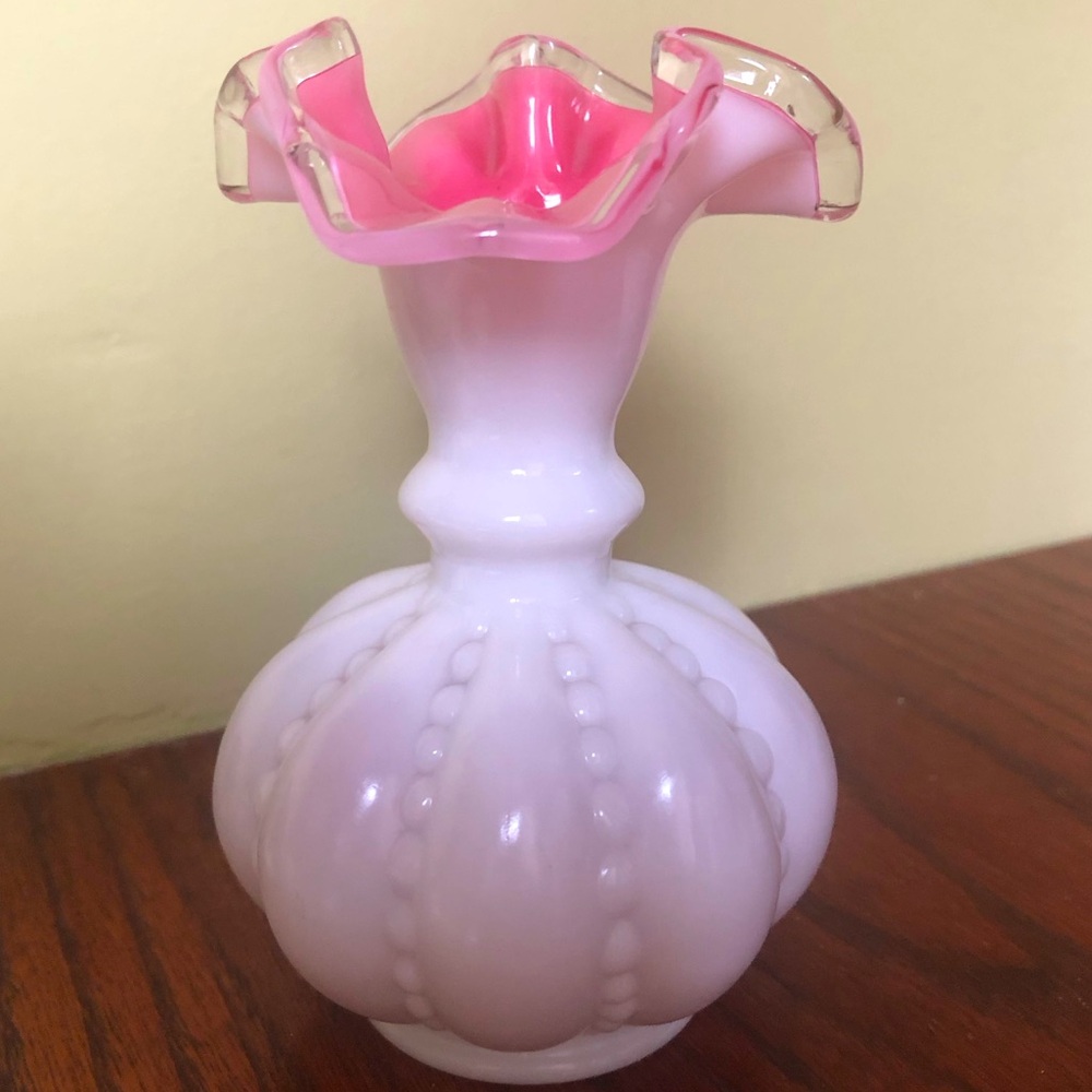 Fenton Pink Crest Beaded Melon Vase with Double Crimped Edge.